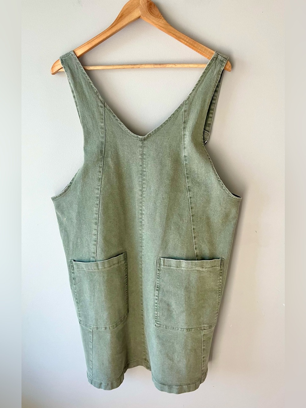 Anniewear Olive Green Denim Pinafore Dress Size Large Adjustable Straps -Cottage